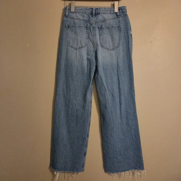 ZENANA Med Wash High Waist Distressed Raw Hem Wide Leg Jeans Women's Size 27 - Picture 5 of 14